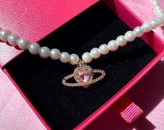 Handmade Pearl and Pink Zircon Stone Saturn Necklace,18k Gold Plated Saturn Pendant,Handmade Gift,Princess Necklace