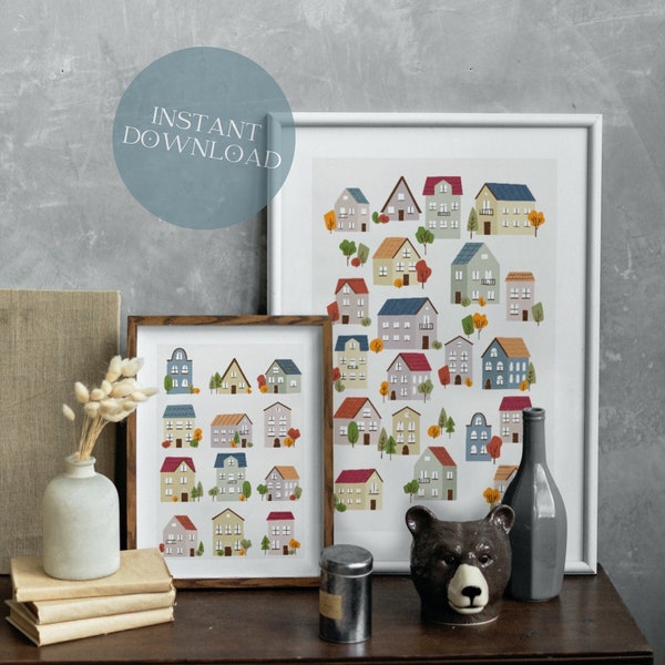 Little Houses Print - Set of 2 Art Prints | Fine Art Piece | Cute Village | Home Illustration | Illustrated Poster | Printable Wall Art