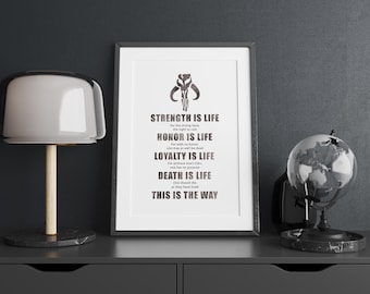 Star Wars Mandalorian Creed Poster | This Is The Way Wall Art | Strength, Honor, Death Quote | Geeky Home Decor | Sci-Fi Motivational Print
