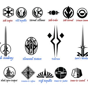 K&ouml;nnte beinhalten: Eine Sammlung schwarzer Star Wars-Fraktions- und Organisationssymbole, die in einem Raster angeordnet sind. Jedes Symbol wird von seinem entsprechenden Namen als Text begleitet, darunter Jedi Order, Sith Empire, Old Republic, Eternal Alliance, Sith Order, Sith Eternal, Crimson Dawn, Revanchist, Mandalorian, Jedi Academy, Elemental Nature, Fulcrum, Savi's Workshop, Rebel Alliance, First Order, Black Spire Outpost, Protection & Defence, High Republic, Peace & Justice, Power & Control und Galactic Empire.