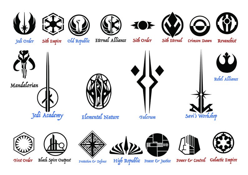 K&ouml;nnte beinhalten: Eine Sammlung schwarzer Star Wars-Fraktions- und Organisationssymbole, die in einem Raster angeordnet sind. Jedes Symbol wird von seinem entsprechenden Namen als Text begleitet, darunter Jedi Order, Sith Empire, Old Republic, Eternal Alliance, Sith Order, Sith Eternal, Crimson Dawn, Revanchist, Mandalorian, Jedi Academy, Elemental Nature, Fulcrum, Savi's Workshop, Rebel Alliance, First Order, Black Spire Outpost, Protection & Defence, High Republic, Peace & Justice, Power & Control und Galactic Empire.