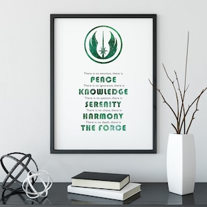Peut inclure: Une impression encadrée avec un symbole de l'Alliance rebelle de Star Wars en vert et blanc et une citation sur la paix, la connaissance, la sérénité, l'harmonie et la Force.