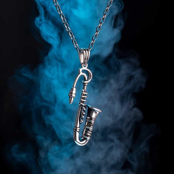 Collier unisexe à pendentif saxophone, collier à breloques en argent sterling 925, collier de saxophoniste musicien professeur de musique jazz, breloque pour instrument