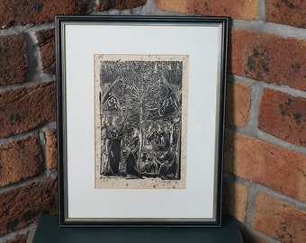 Vintage Original Hand Pulled Screen Print Medieval Scene Black & White Recycled Paper Framed Signed by Artist 1998 | Art | Wall Decor | Gift