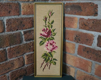 Vintage Needlepoint Embroidery Red Pink Roses Framed Ready to Hang 1970s | Home Decor | Granny Chic | Florals | Flower | Gift | Gallery Wall