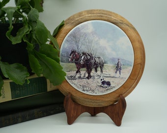 Vintage Wood Tile Working Horses Ploughing Farm Trivet Signed Anthony Bailey | Vintage Kitchen Trivets | Horse Lovers | Country | Farmhouse