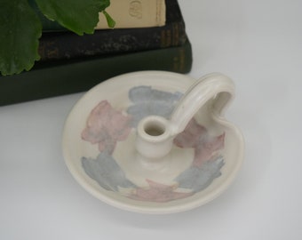 Vintage Handmade Art Pottery Chamberstick Beige Pink Blue | Candle Holder | Candlestick Holder | Home Decor