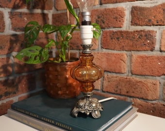 Vintage Petite Mid Century Modern Amber Glass Table Lamp 1970s | Bedside Lamp | Regency | Vintage Lighting | Home Decor | Retro | Gift Idea