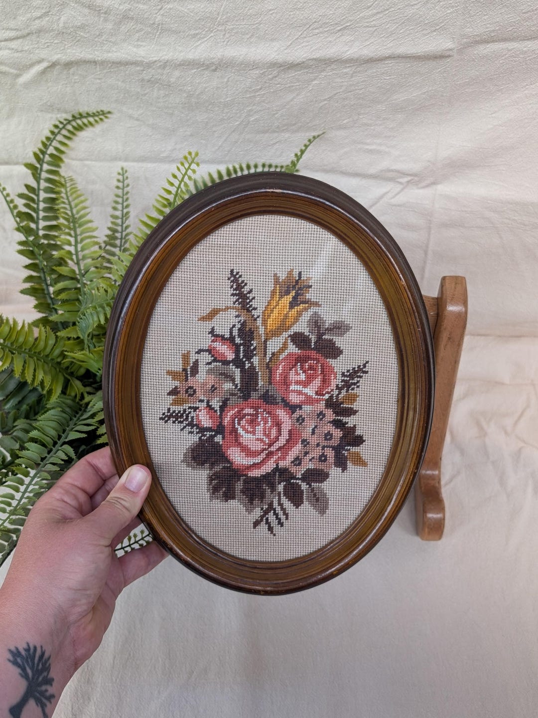 Vintage Floral Needlepoint Wall Art – Framed Embroidery Roses, Oval ...