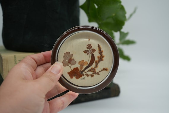 Vintage Handmade Glass Paperweight: Dried Flowers & Leaves Decor