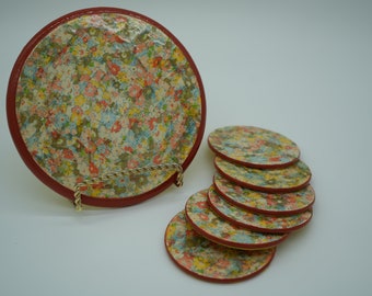 Vintage Trivet and Set of  6 Floral Decoupage Wooden Coasters