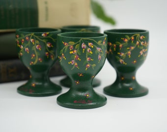 Vintage Set of 4 Hand Painted Turned Wood Egg Cups with Floral Design Signed Cila '96 | Folk Art | Kitchen Decor | Egg Holders