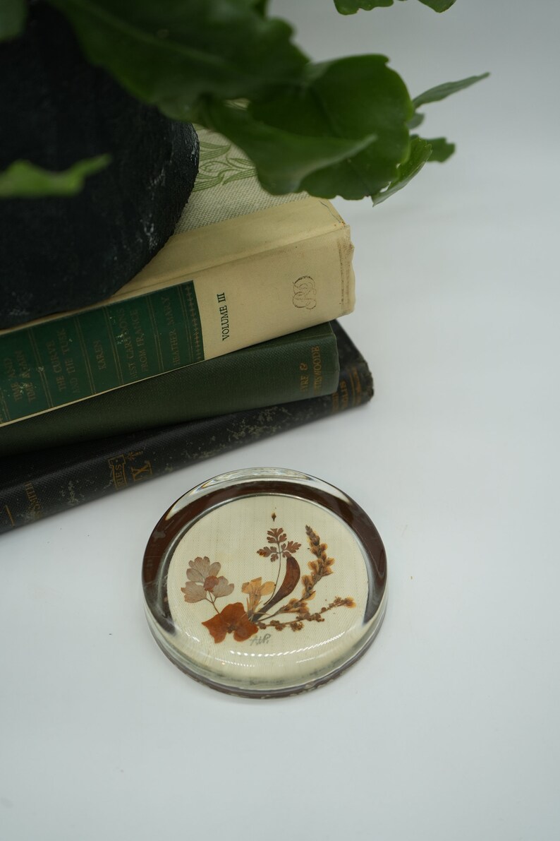 May include: A round glass paperweight with a pressed flower design. The paperweight has a clear glass base and a white background with brown and yellow pressed flowers.