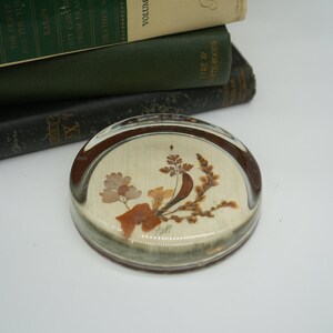 May include: A round glass paperweight with a pressed flower design. The flowers are brown, orange, and white. The paperweight is sitting on a stack of books.