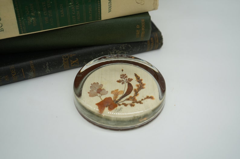 May include: A round glass paperweight with a pressed flower design. The flowers are brown, orange, and white. The paperweight is sitting on a stack of books.