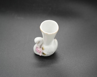 Vintage Miniature White Swan Swimming Figural Bud Vase with Pink 3D Rose & Gold Beak 8cm