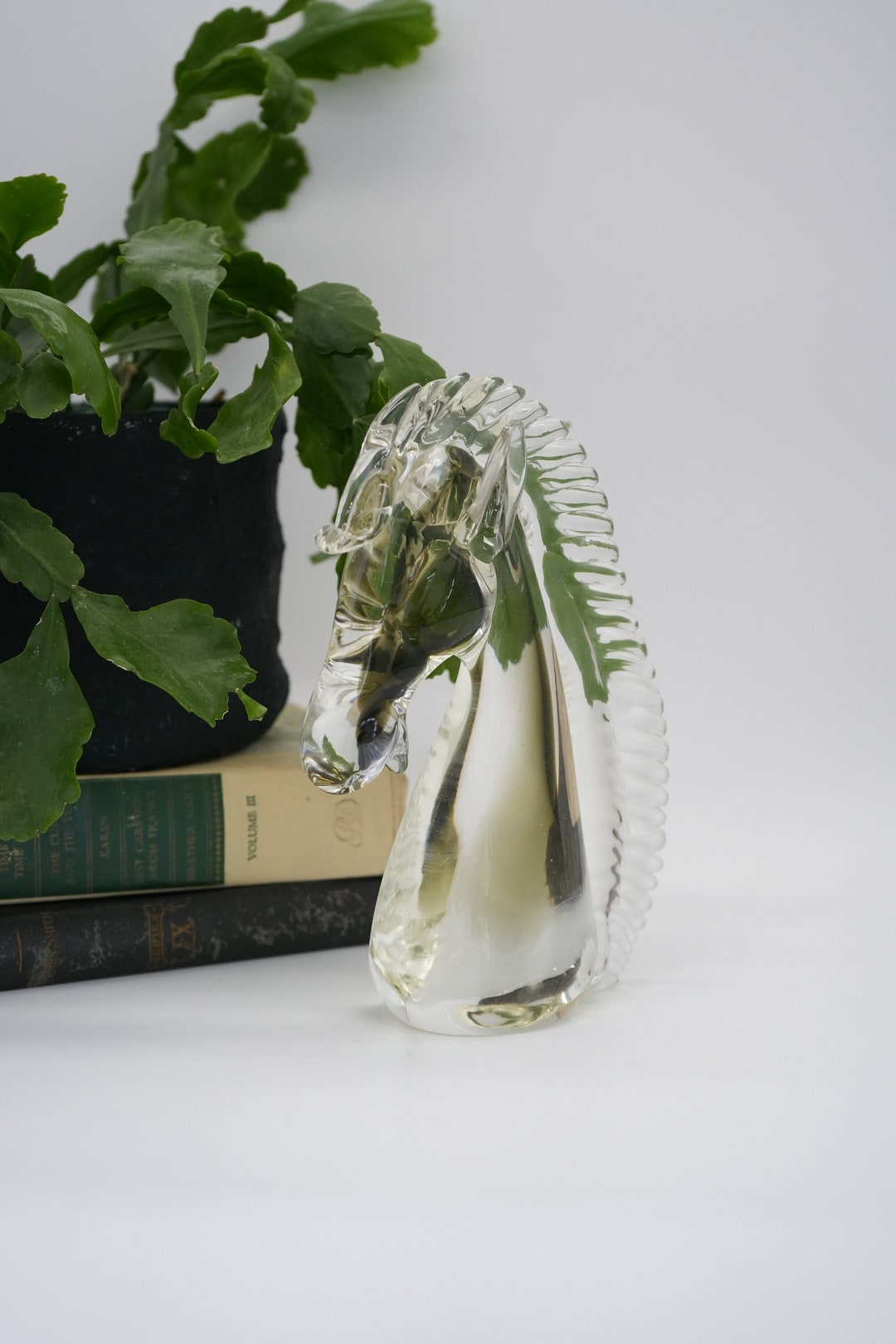 Vintage Murano Hand Blown Glass Horse Bust in Grey & Clear Style of