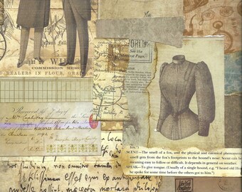 Può includere: Un collage vintage di ephemera di carta con una mappa, testo e illustrazioni. Il testo include le parole "Vedi la pagina Balawarst" e "L'odore della volpe".