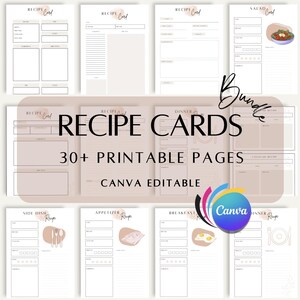 Plantillas de tarjetas de recetas en blanco, páginas de libros de recetas para imprimir, páginas de carpetas de tarjetas de recetas, diario de libros de cocina, descarga instantánea