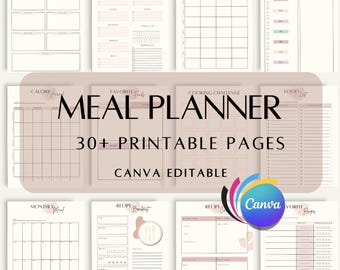 May include: A printable meal planner with 30+ pages. The planner includes pages for daily, weekly, and monthly meal planning, as well as pages for tracking calories, favorite recipes, and a food list. The planner is designed in a minimalist style with a pink and white color scheme. The text "MEAL PLANNER" is in a large font and the text "30+ PRINTABLE PAGES" and "CANVA EDITABLE" are in a smaller font.