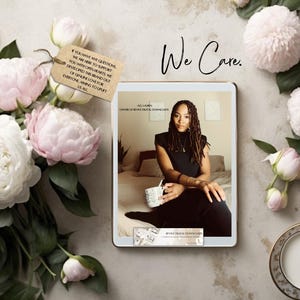 May include: A woman with long dreadlocks sits on a bed holding a white mug. The text "We Care." is written in black on a white background. The text "Kolauren Owner of Revive Digital Downloads" is written in black on a white background. The text "Revive Digital Downloads" is written in black on a white background.