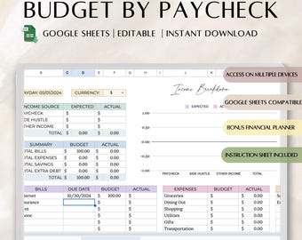 May include: A Google Sheets budget template with a green, white, and blue colour scheme. The template is designed to help users track their income and expenses by paycheque. The template includes sections for income, expenses, bills, and a summary. The template is compatible with Google Sheets and can be accessed on multiple devices.