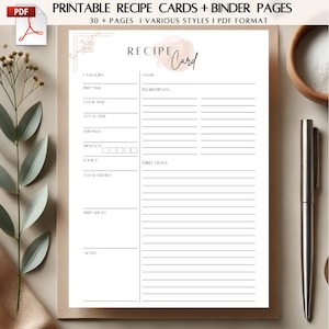 Páginas imprimibles para el planificador de recetas, Plantilla para el planificador de comidas semanales, Tarjetas de recetas imprimibles, Carpeta para organizar la cocina, Descarga instantánea en PDF
