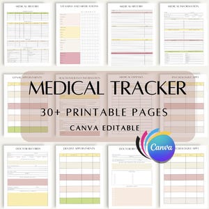 May include: A printable medical tracker with 30+ pages. The pages are designed in a light pink, yellow, and green color scheme. The pages include sections for medical history, vitamins and medications, gynaecological appointments, health insurance information, medical expenses, and psychologist appointments. The pages are designed to be edited in Canva.