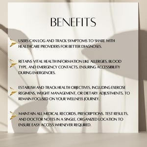 May include: A white background with black text outlining the benefits of using a health and wellness app. The text includes: "Users can log and track symptoms to share with healthcare providers for better diagnoses.", "Retains vital health information like allergies, blood type, and emergency contacts, ensuring accessibility during emergencies.", "Establish and track health objectives, including exercise regimens, weight management, or dietary adjustments, to remain focused on your wellness journey.", "Maintain all medical records, prescriptions, test results, and doctor notes in a single, organized location to ensure easy access whenever required."