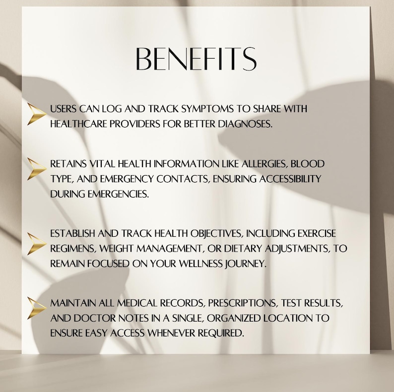 May include: A white background with black text outlining the benefits of using a health and wellness app. The text includes: "Users can log and track symptoms to share with healthcare providers for better diagnoses.", "Retains vital health information like allergies, blood type, and emergency contacts, ensuring accessibility during emergencies.", "Establish and track health objectives, including exercise regimens, weight management, or dietary adjustments, to remain focused on your wellness journey.", "Maintain all medical records, prescriptions, test results, and doctor notes in a single, organized location to ensure easy access whenever required."