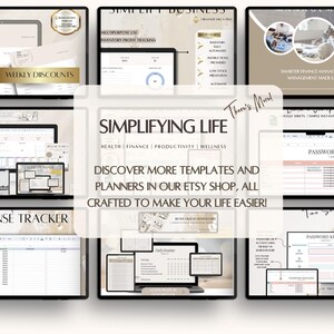May include: A collage of digital planner templates for simplifying life, business, and finances. The templates are displayed on computer screens with a light beige background. The text "Simplifying Life" is featured in a large font with the words "Health, Finance, Productivity, Wellness" underneath. The text "Discover more templates and planners in our Etsy shop, all crafted to make your life easier!" is also featured.