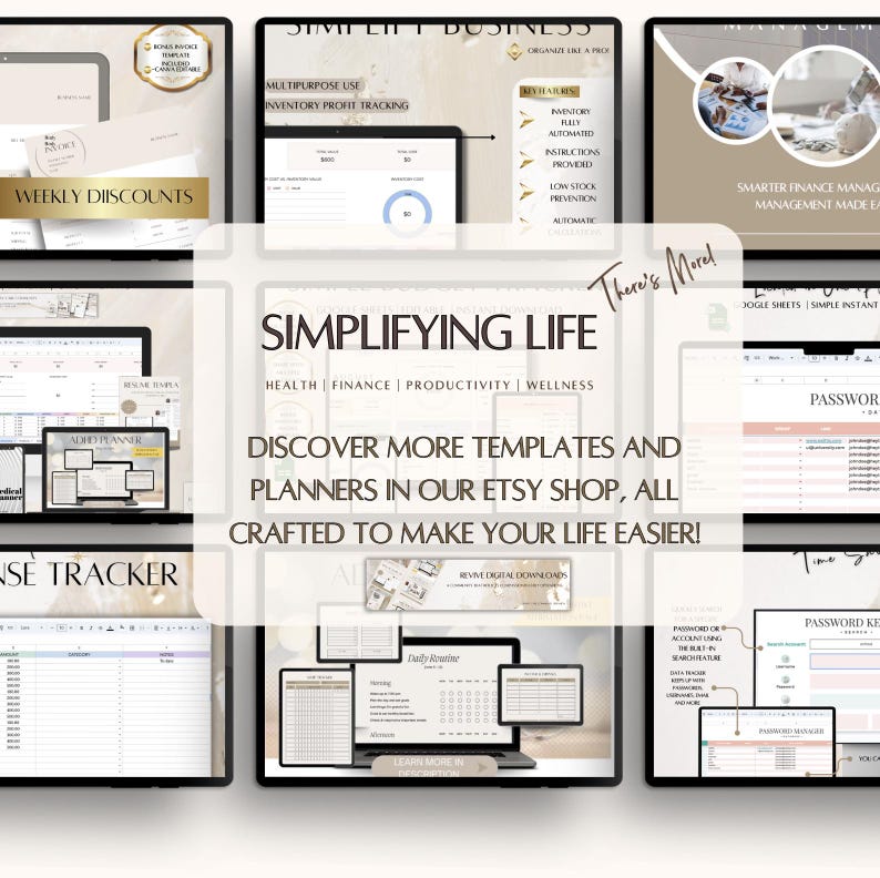 May include: A collage of digital planner templates for simplifying life, business, and finances. The templates are displayed on computer screens with a light beige background. The text "Simplifying Life" is featured in a large font with the words "Health, Finance, Productivity, Wellness" underneath. The text "Discover more templates and planners in our Etsy shop, all crafted to make your life easier!" is also featured.