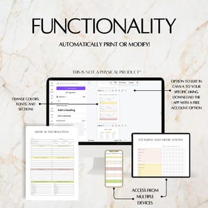 May include: A screenshot showing the functionality of a digital planner template. The template can be edited in Canva and downloaded to a mobile device. The template includes sections for medical information, vitamins and medications, and appointments. The text "Change colors, fonts, and sections" is visible on the screen.