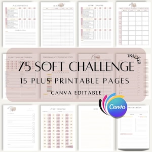Könnte beinhalten: Ein druckbarer 75 Soft Challenge-Planer mit über 15 Seiten. Der Planer ist in einem rosa und weißen Farbschema mit rosa Hintergrund und weißem Text gestaltet. Der Planer enthält ein Performance-Tracking-Tool, einen Habit-Tracker, eine To-Do-Liste und einen Tracker für nahrhafte Rezepte. Der Planer ist in Canva bearbeitbar.