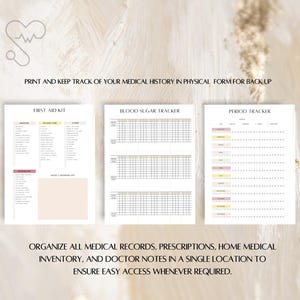 May include: Printable medical record trackers for first aid kit inventory, blood sugar levels, and menstrual cycles.  Organize all medical records, prescriptions, home medical inventory, and doctor notes in a single location to ensure easy access whenever required.