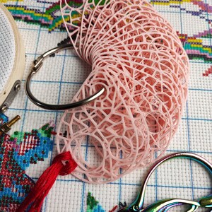 May include: A stack of pink, openwork, circular craft organisers held together by a silver ring. A red thread is attached to the organiser. Also visible are a wooden embroidery hoop and a pair of iridescent scissors, all on a cross-stitch background.