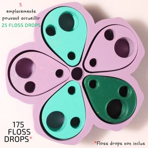 Peut inclure: Un organisateur en forme de fleur rose, vert et turquoise avec 5 compartiments pour ranger du fil à broder. L'organisateur peut contenir jusqu'à 175 gouttes de fil à broder. Le texte "5 emplacements pouvant accueillir 25 FLOSS DROPS" et "175 FLOSS DROPS*" est imprimé sur l'organisateur. Le texte "*Floss drops non inclus" est imprimé sous l'organisateur.
