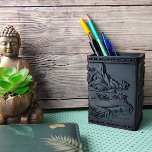 Pencil pot with &quot;Samurai Landscape&quot; pattern / Desk organizer / 3D printing / Original and personalized gift