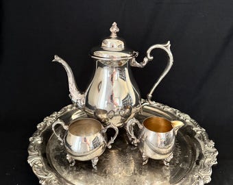 Sheridan Silverplate Round Footed Serving Tray with Tea Set