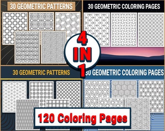 May include: A digital download of 120 geometric coloring pages. The image shows a collage of black and white geometric patterns. The text "4 in 1" and "120 Coloring Pages" is visible.