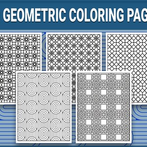 May include: A set of 30 black and white geometric colouring pages. The pages feature a variety of patterns, including circles, squares, and stars.
