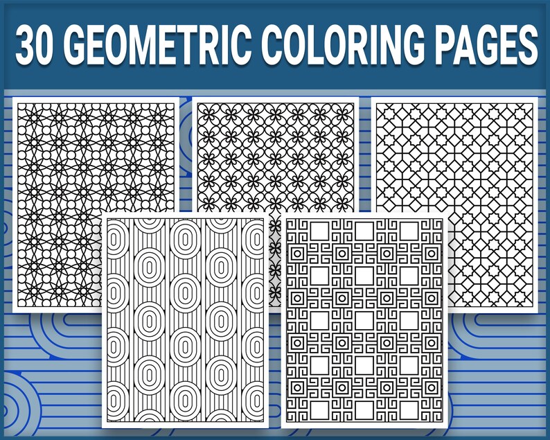 May include: A set of 30 black and white geometric colouring pages. The pages feature a variety of patterns, including circles, squares, and stars.