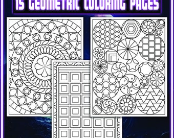 May include: Three black and white geometric coloring pages. The first page features a circular design with concentric circles, stars, and a flower in the center. The second page features a grid of squares. The third page features a variety of geometric shapes, including circles, stars, and triangles.