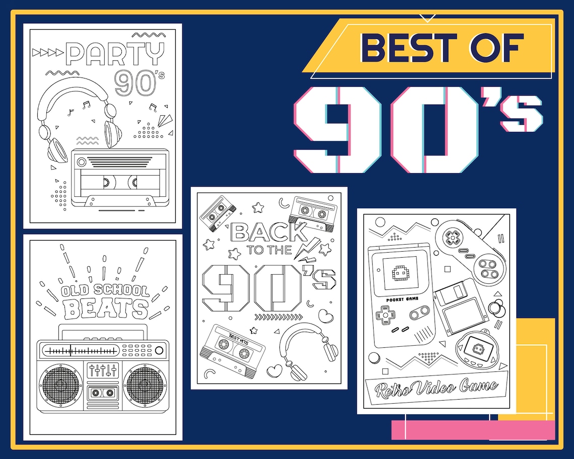 Printable 90s Coloring Pages, Back to the 90s, 90s Aesthetic, Digital