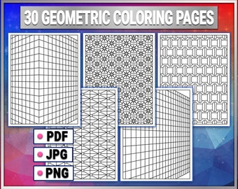 30 Abstrakte geometrische Malseiten: Stress Relief Patterns (PDF, JPG, PNG)
