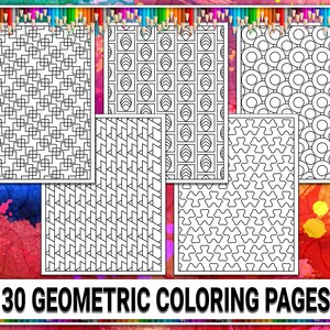 30 の抽象的なパターンの塗り絵ページ、幾何学的な形と 3D パターンの大人向けの塗り絵ブック、PDF デジタル ダウンロード