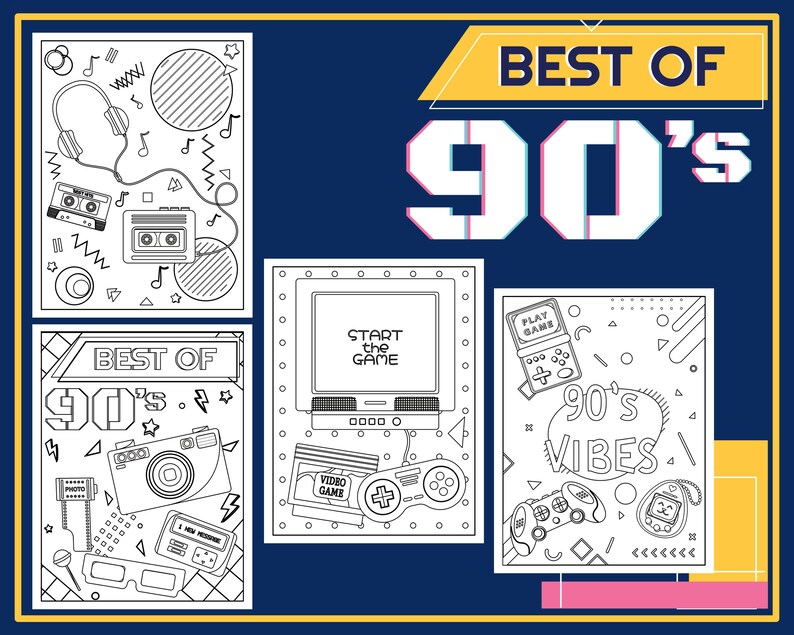 Printable 90s Coloring Pages, Back to the 90s, 90s Aesthetic, Digital