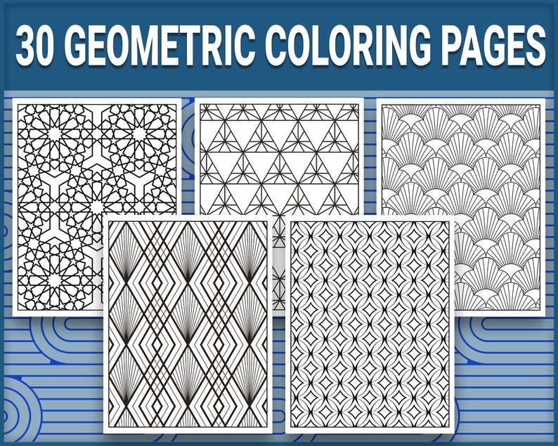 May include: A set of 30 printable geometric colouring pages featuring intricate black and white patterns. The patterns include a starburst design, a triangle pattern, a fan-shaped design, a diamond pattern, and a circle pattern.