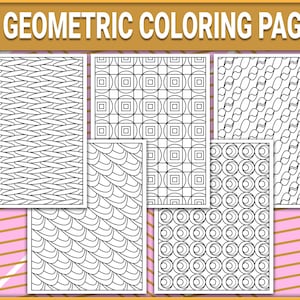 Peut inclure: Un ensemble de six pages à colorier géométriques en noir et blanc. Les pages présentent différents motifs, notamment des cercles, des carrés et des lignes ondulées.