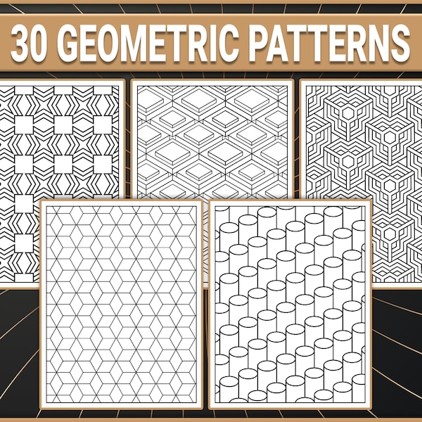 30 Abstract Pattern Coloring Pages, Geometric Shapes and 3D Patterns, Coloring Book for Adults, PDF Digital Download